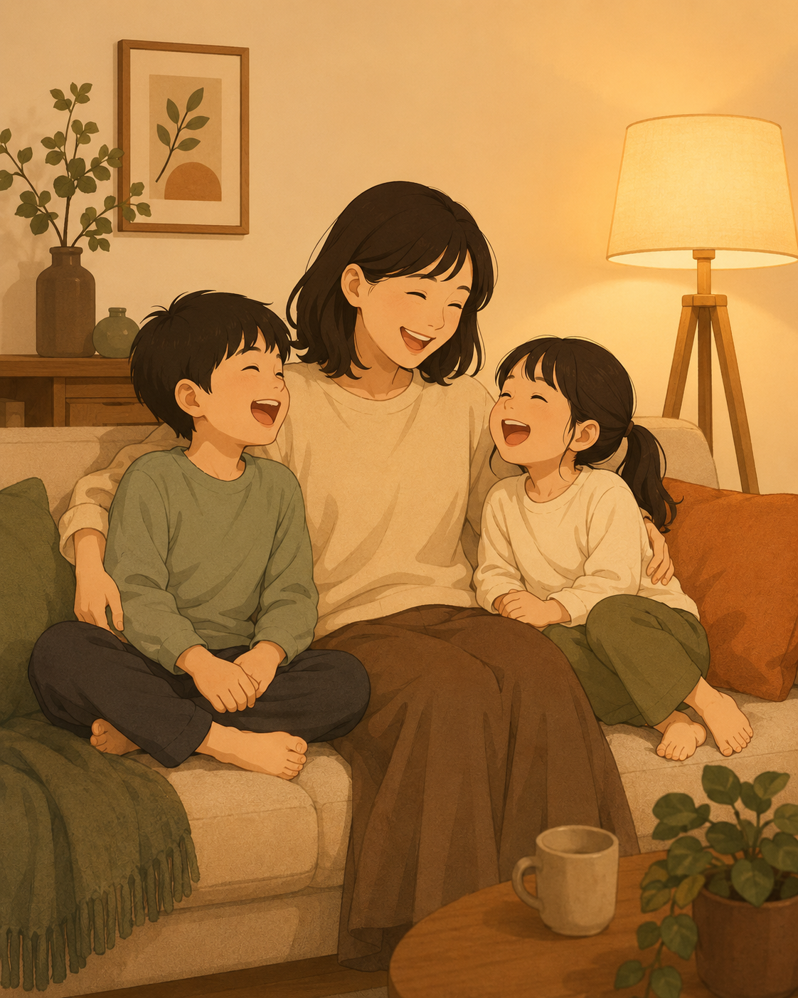 リビングで子どもたちと笑い合う夕方の家族のイラスト